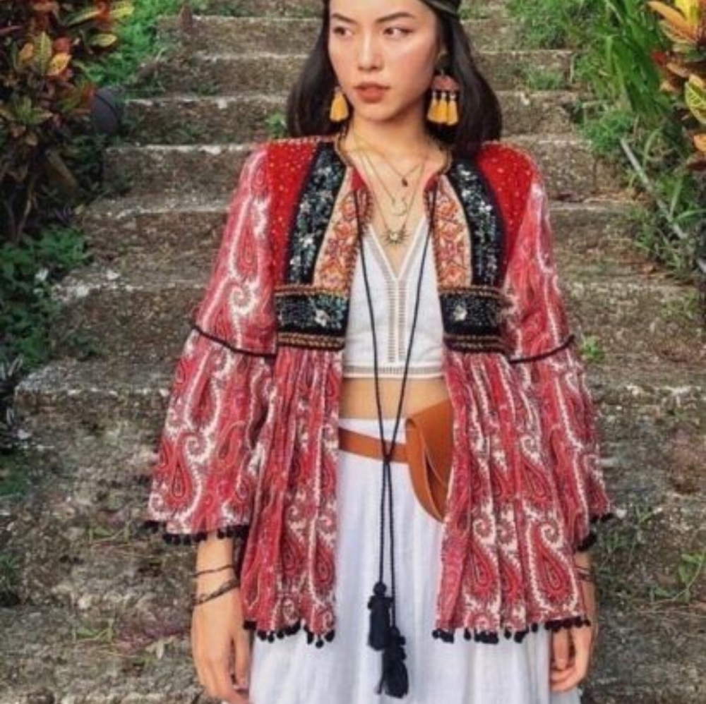 Zara Boho Beaded Embroidered Velvet Jacket Small